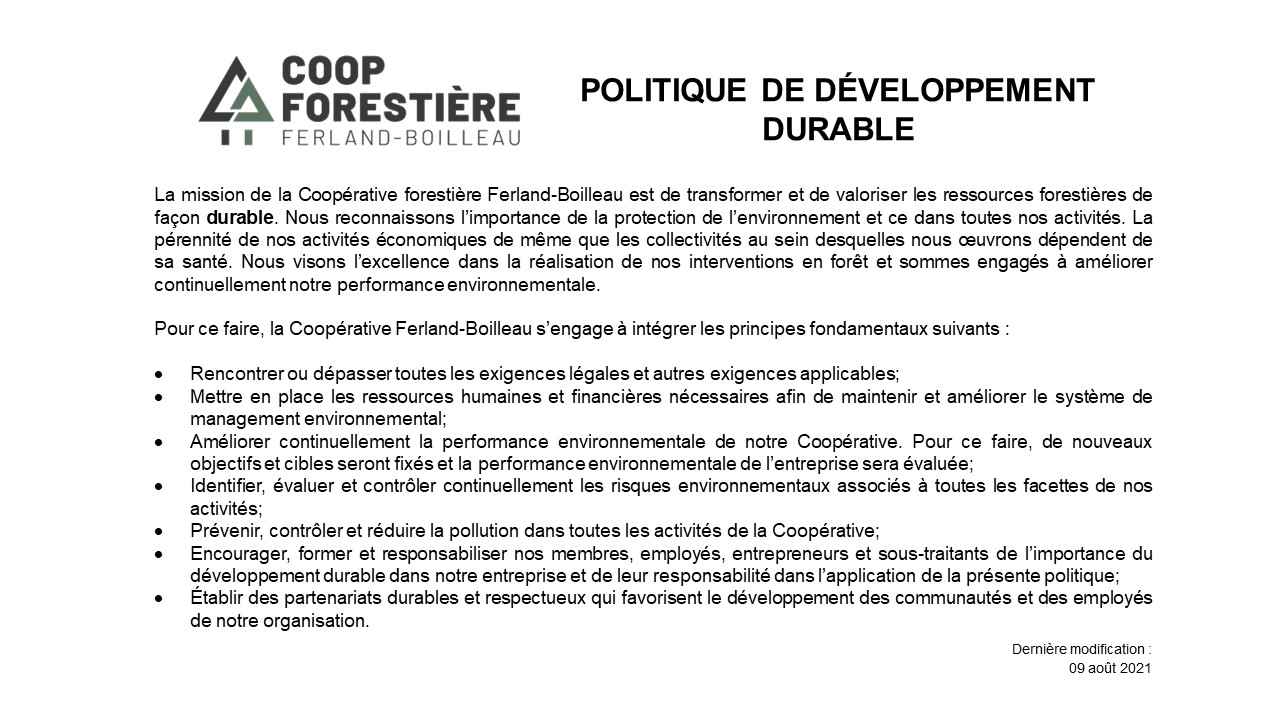 Développement durable Coopérative forestière Ferland-Boilleau